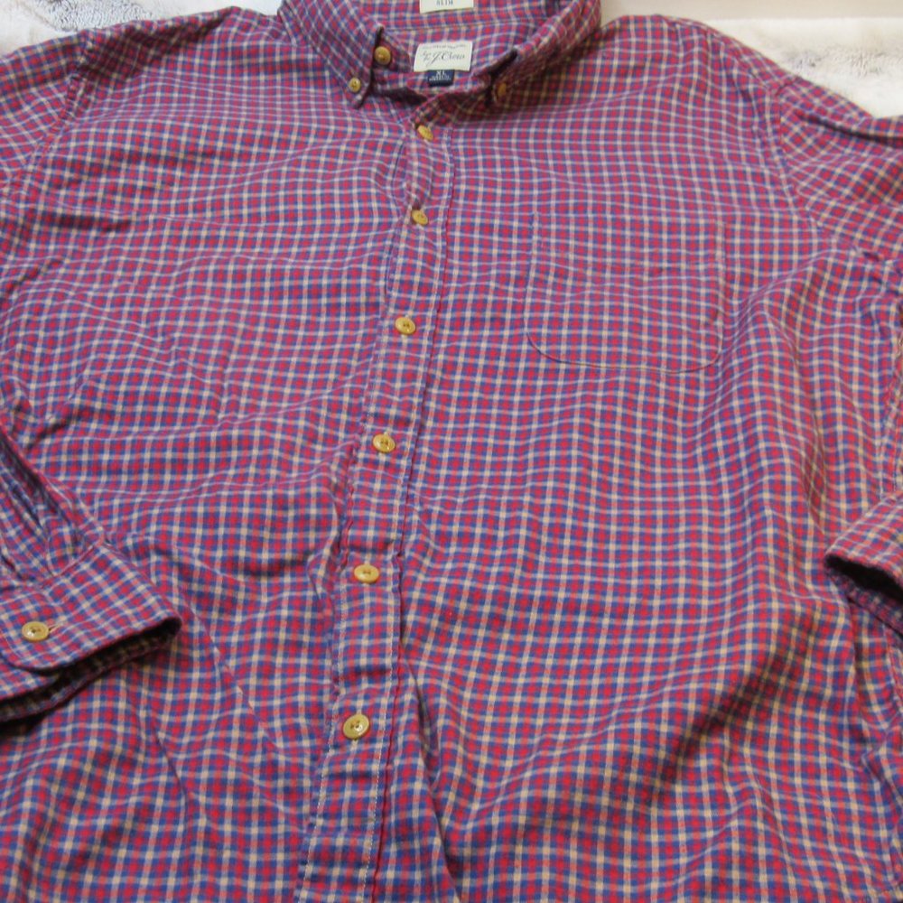 J CREW Men Adult Slim Cotton Shirting Plaid Flannel Button Extra Large Pocket XL